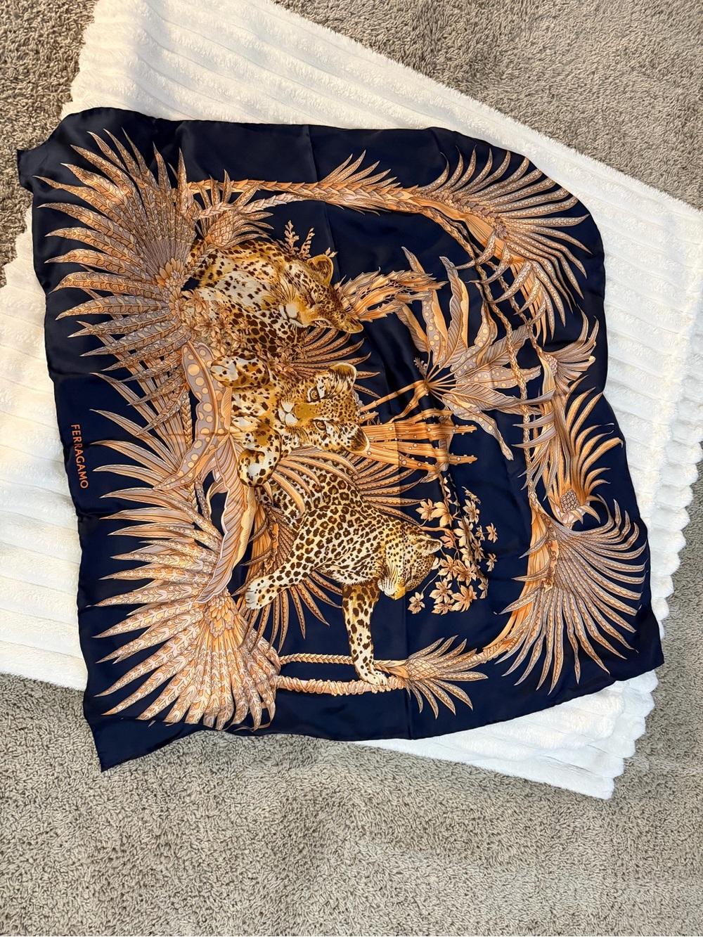 Salvatore Ferragamo Navy and Gold Printed Silk Scarf - Picture 2 of 9